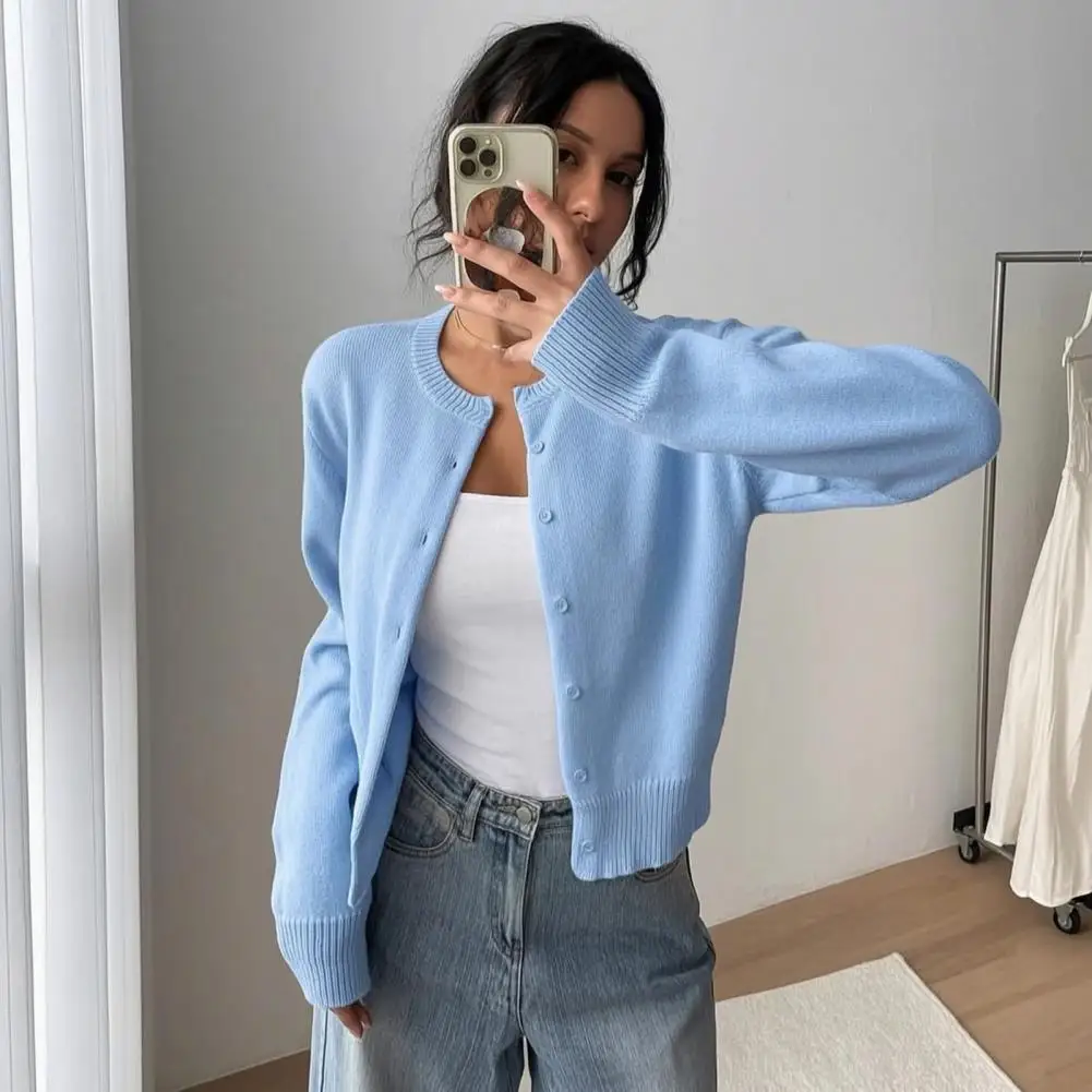 Women Round Neck Knit Sweater, Solid Color Button-Up Cardigan for Spring Autumn, Casual Long Sleeve Short Knit Top