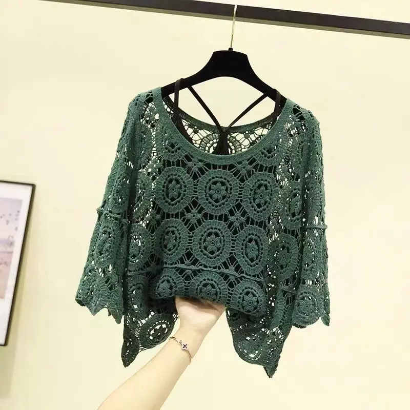 Lace Top Women\'s Short Hollow Knitted Blouse New Loose Spring and Summer Round Neck Five-point Sleeve Handmade Sweater Female