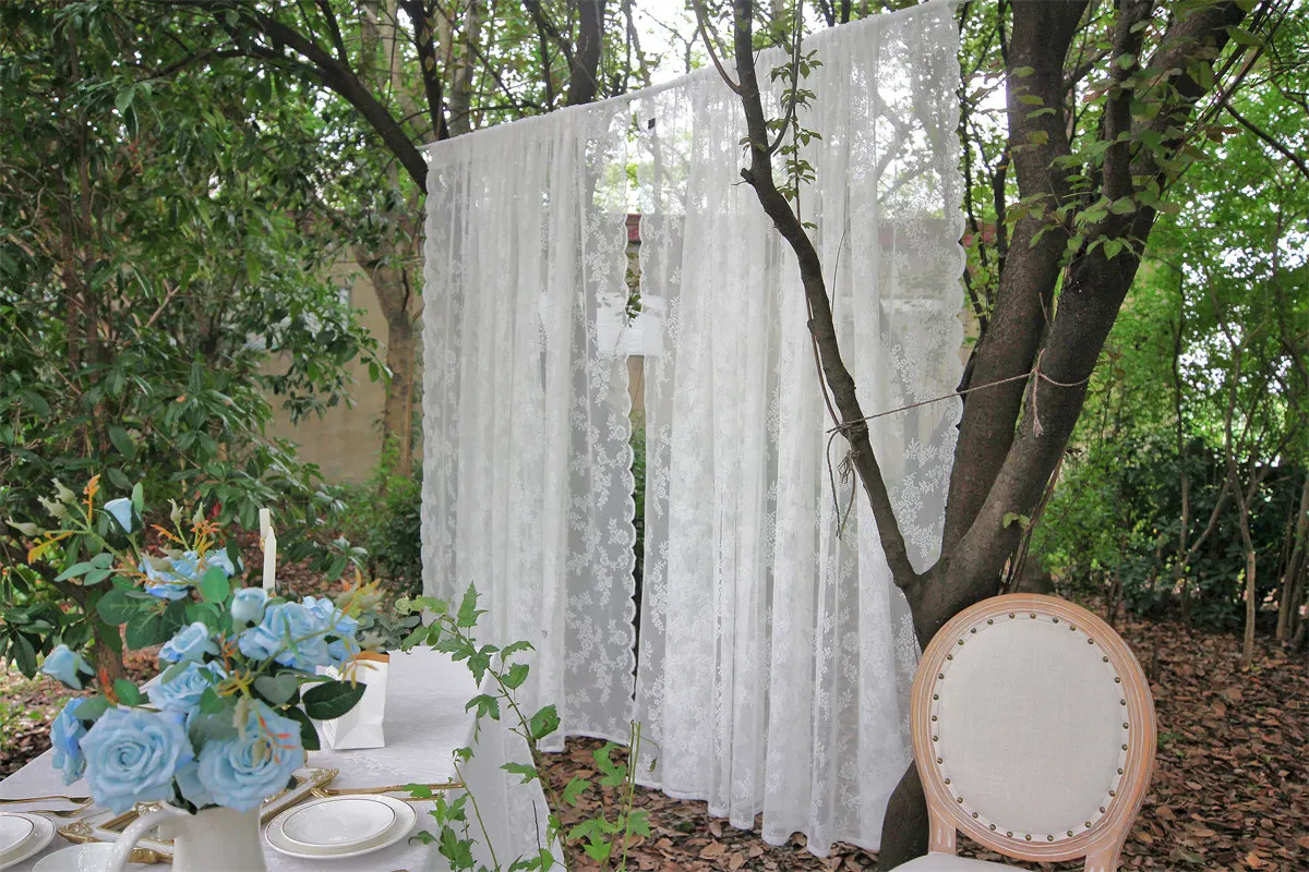 Durchsichtiger Vintage-Vorhang aus Spitze, romantisches Blumenmuster, durchsichtige Halbfenstervorhänge für Wohnzimmer, 2-teilige Stangentasche, Schattierungsvorhang – Detail 12