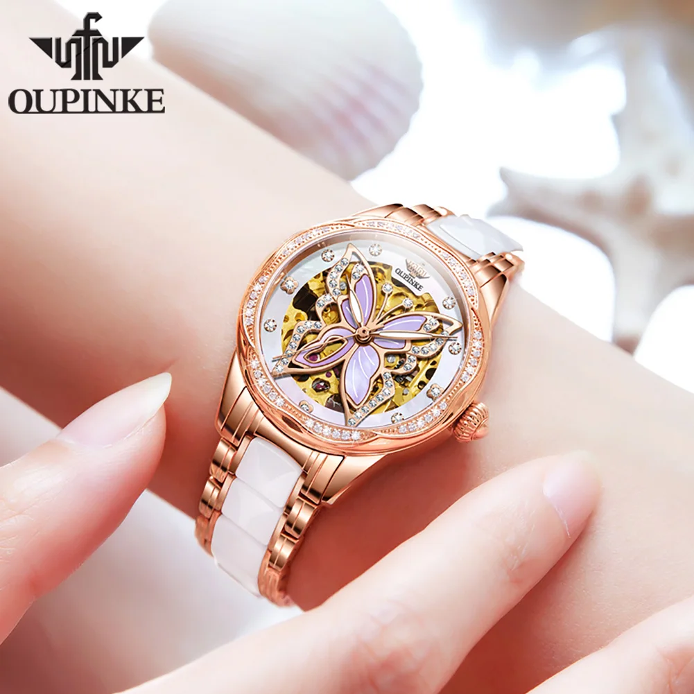 OUPINKE Elegant Butterfly Design Full Automatic Women\'s Watches Ceramic Stainless steel Strap Luxury Diamond Wristwatch Ladies