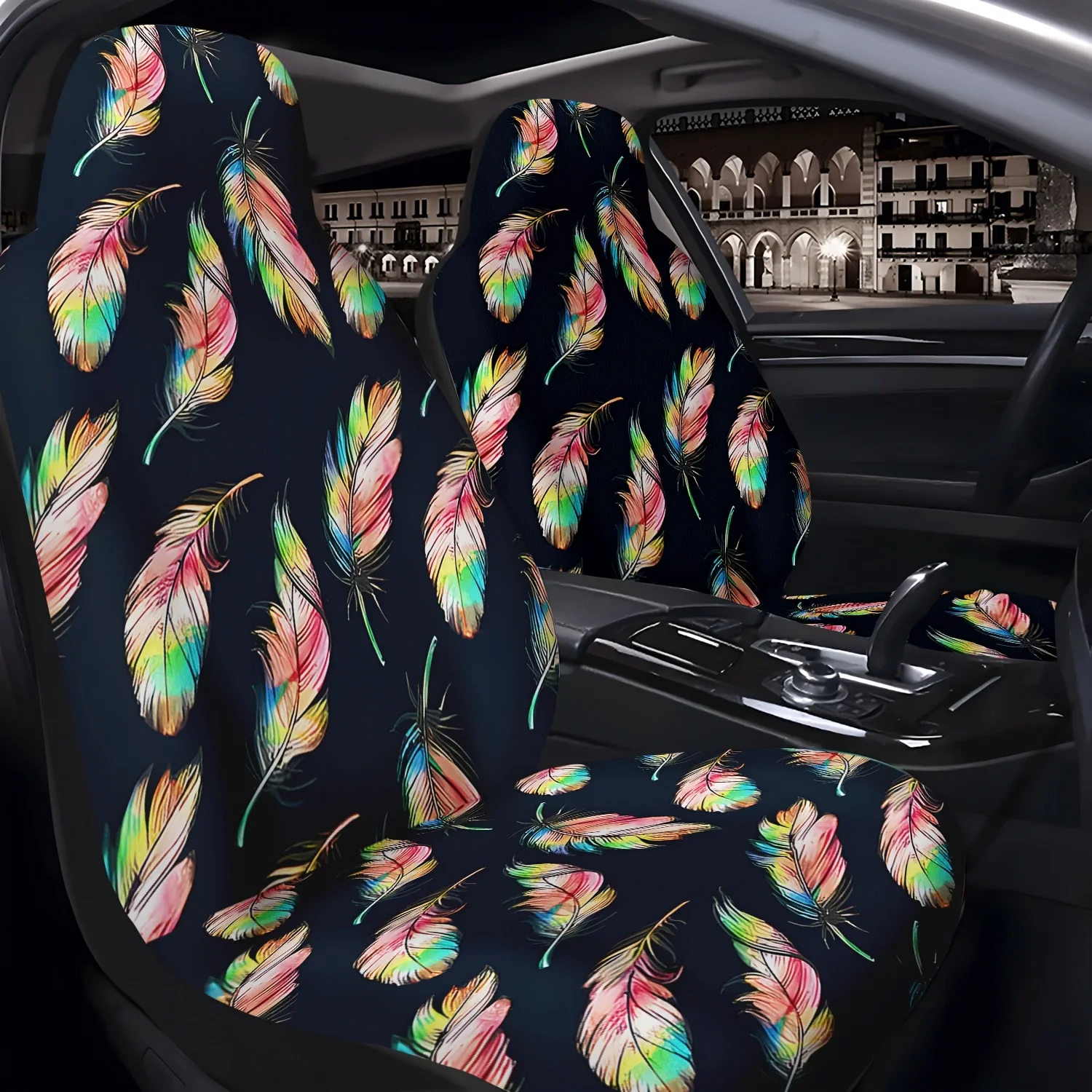 2pcs Colorful Feather Pattern Car Seat Covers, Cute Car Interior Seat Accessories Front Seat Protectors For Cars, Trucks, Vans,