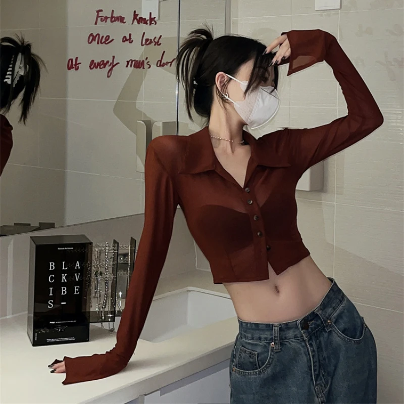 Women Shirt Solid Trendy All-match Sexy Sheer Design Chic Classic Prevalent Vintage Streetwear Korean Fashion Slim Fit Hotsweet