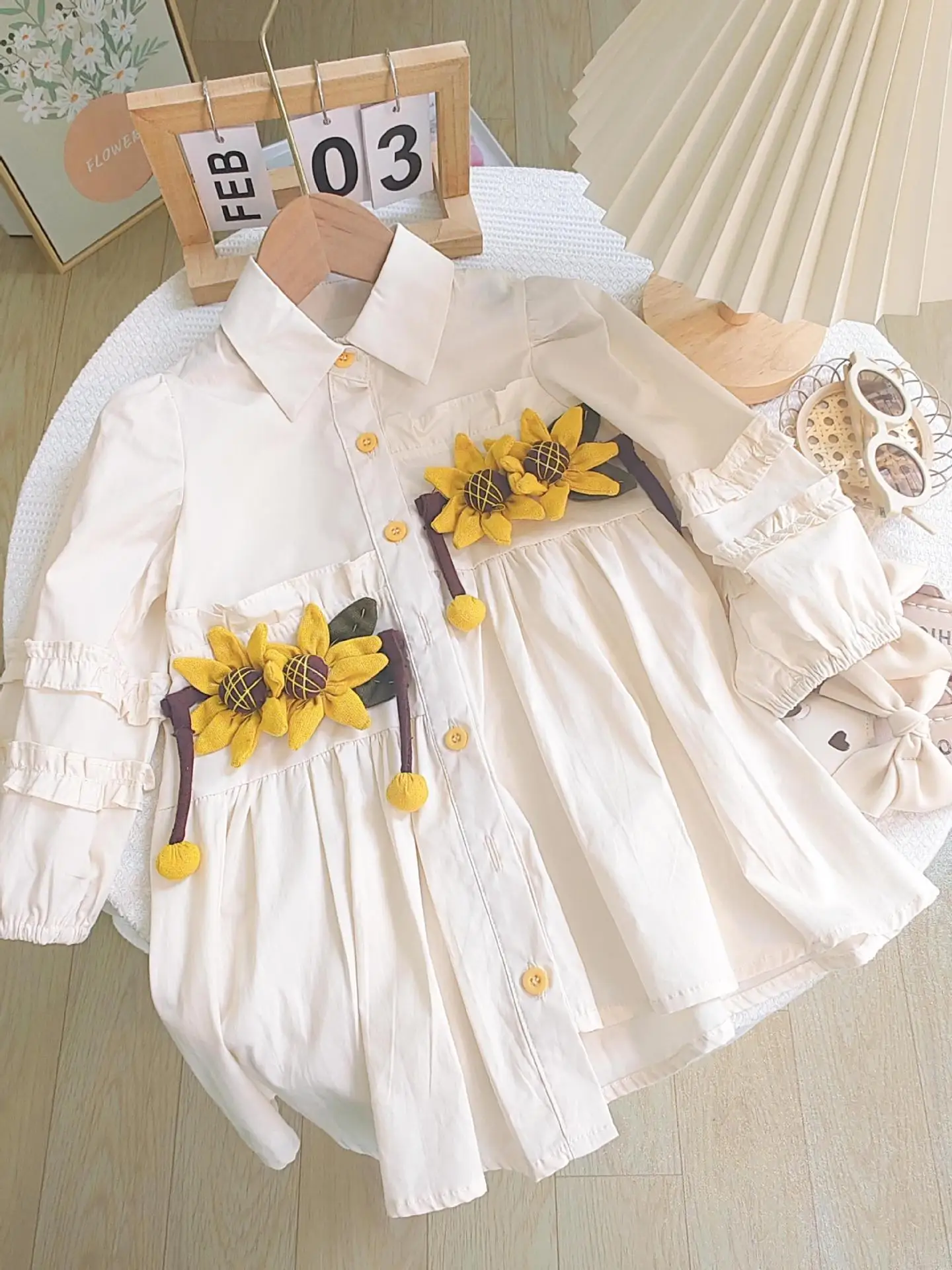 2024 Spring/Summer New Girl\'s Dress Fashion 3D Flower Sticker Decoration Cute Dresses Flip Collar Shirt Dress for Girls and Baby