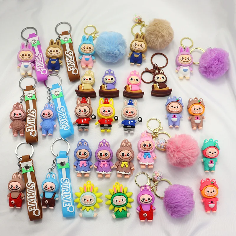

4pcs Kawaii Labubu Plush Keychain Cartoon Three-dimensional Doll Students Schoolbag Pendant Car Key Chain Gifts for Children