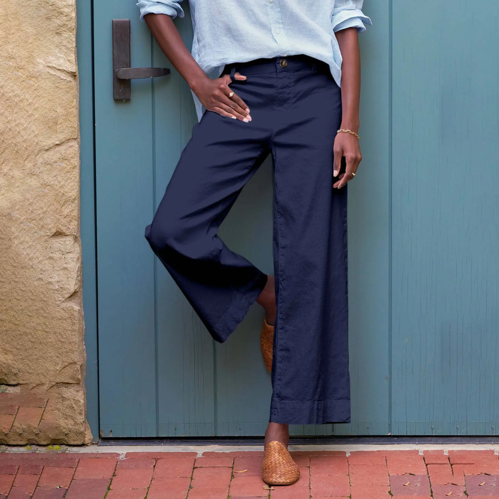 Female Solid Color Simple Casual And Versatile Wide Leg Trousers Fashionable Street Comfortable Straight Elastic Waist Pants