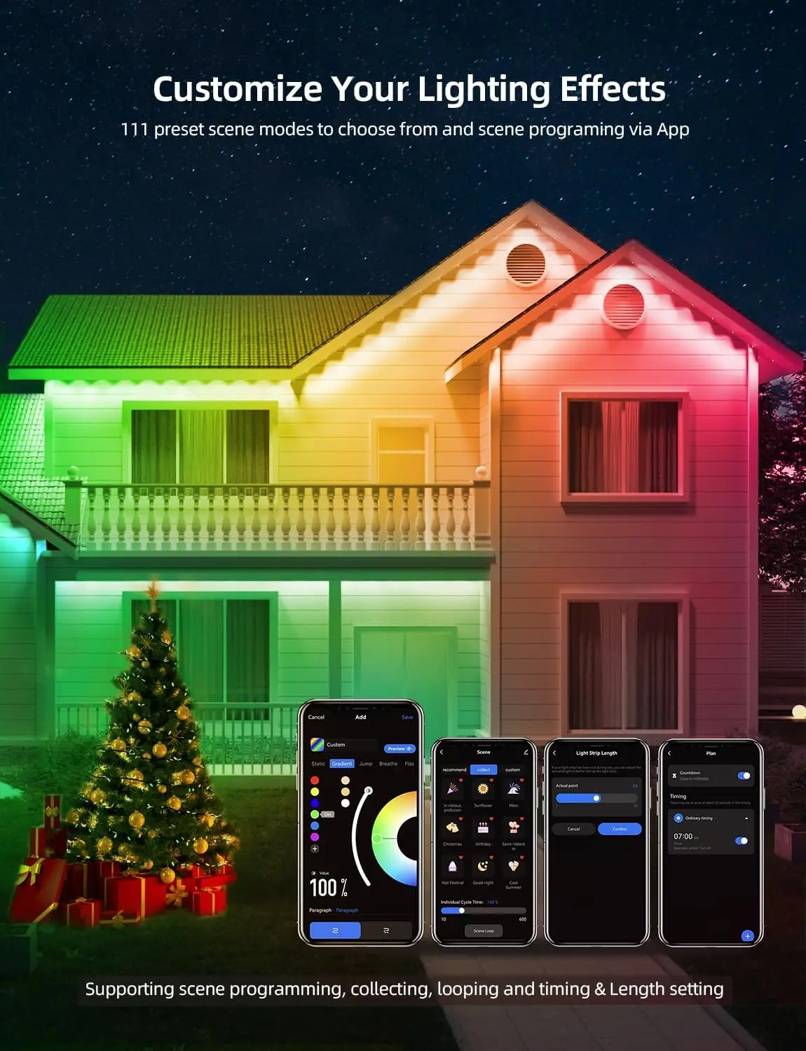 Outdoor Lights 100ft with 72 LEDs, 111 Scene Modes, Smart RGBW Lights with 40lm Warm White, App & Remote Control for Christmas,