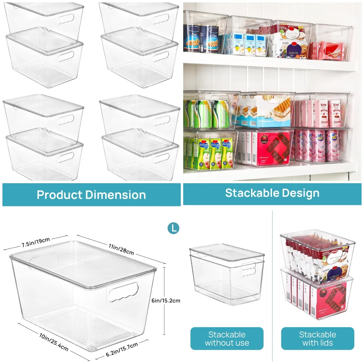 

8 Pack Clear Stackable Storage Bins with Lids - Large Plastic Containers with Handles for Kitchen, Pantry, Fridge, Cabinet, Bath