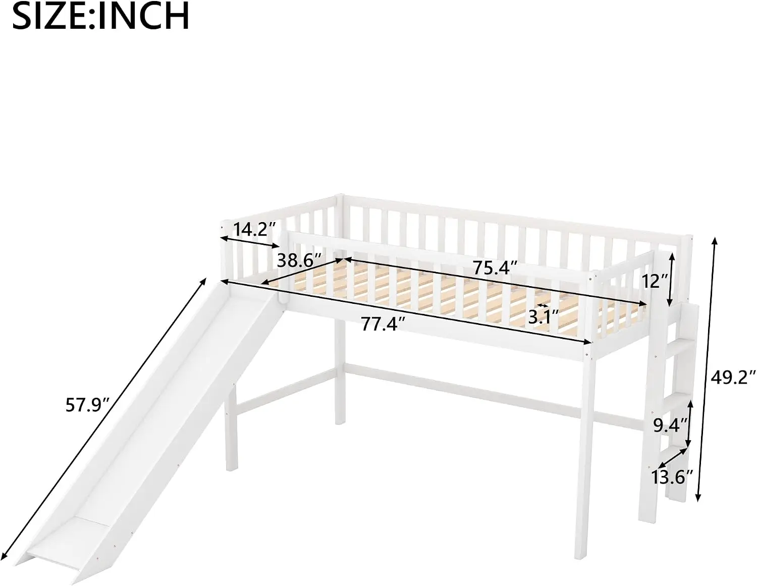 Bellemave Twin Size Low Loft Bed with Slide and Guardrails,Kids Loft Bed with Ladder,Wood Low Loft Bed Twin Size for Girls Boys,