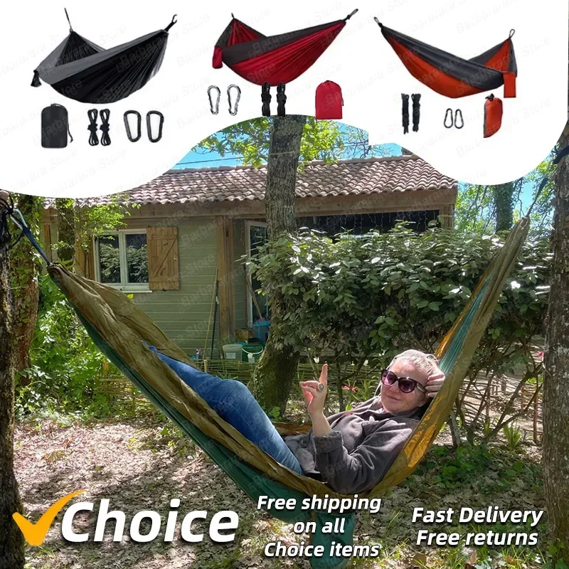 New Single Person Portable Outdoor Camping Hammock With Nylon Color Matching Hammock High Strength Parachute Fabric Hanging Bed