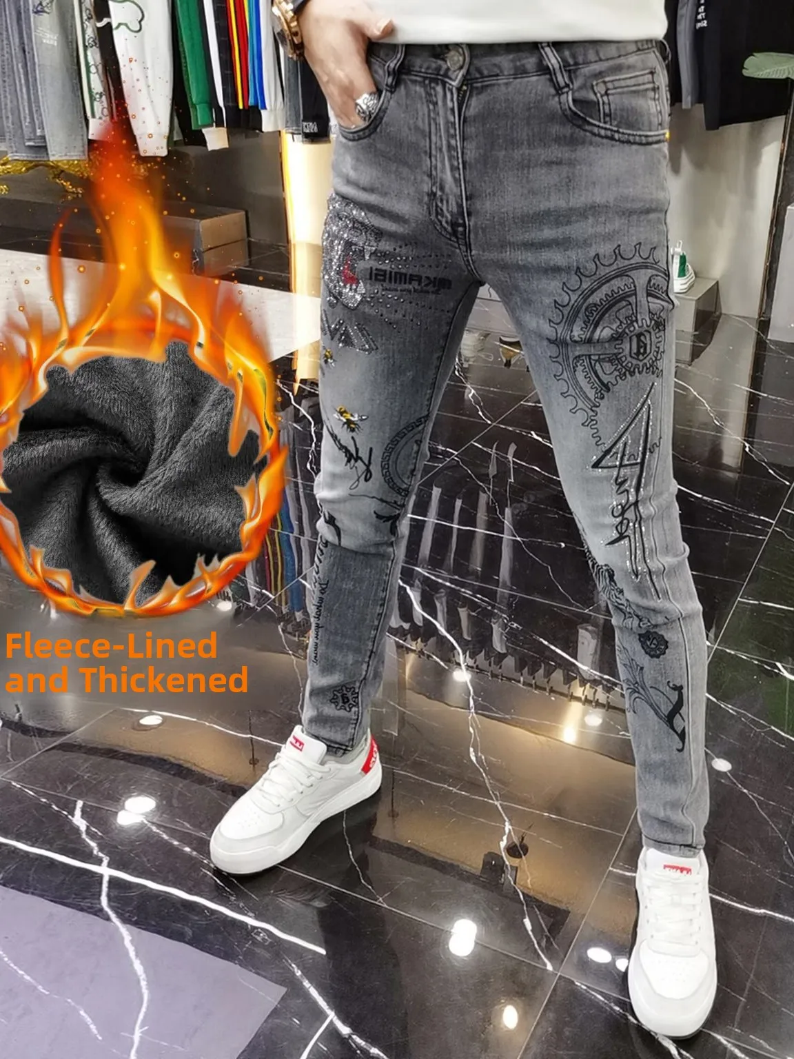 

Men's Fce Lined Thiened Jeans Diamond Embellied Slim Fit Straight Leg Casual Long Trousers Autumn Winter Faion