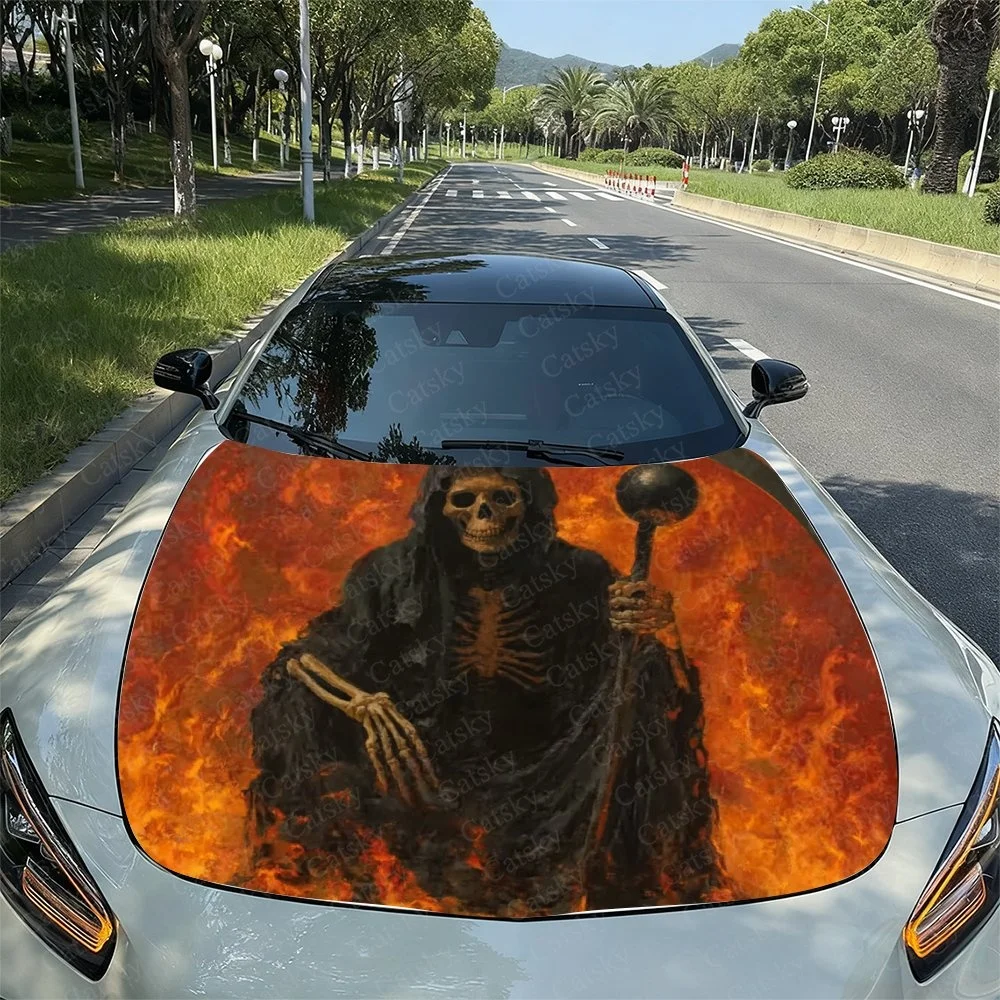 

This striking car hood wrap features a grim reaper holding a scythe, set against a fiery background. Perfect for bold and edgy v