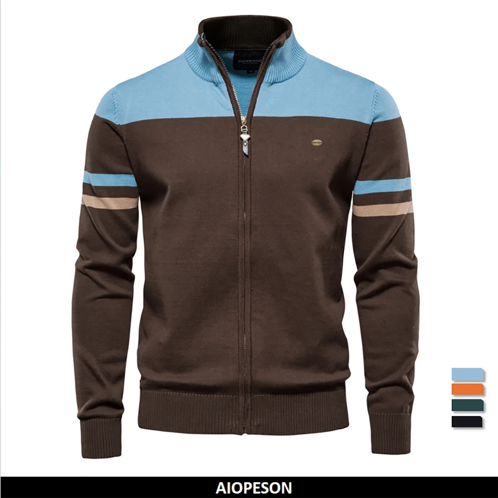 Men's Cotton Patchwork Cardigan Autumn Winter Zipper Sweater
