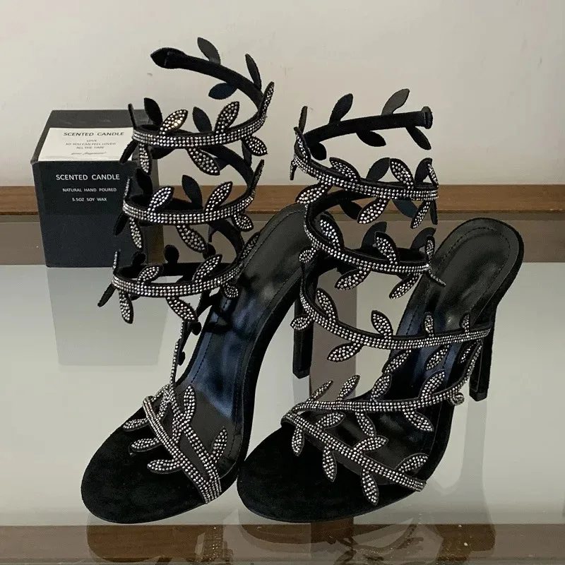 Aneikeh Summer Sexy Women Rhinestone Gladiator High Heel Sandals Open Toe Ankle Wrap Stiletto Heels Wedding Party Dress Shoes