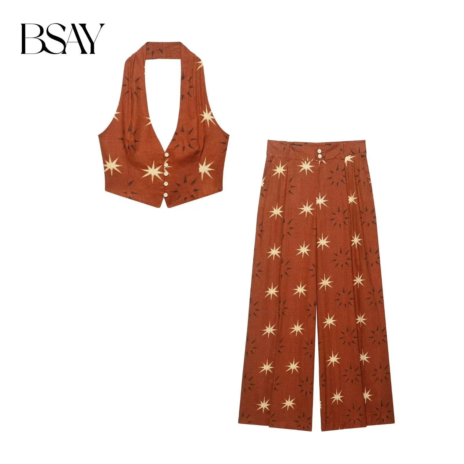 BSAY Neck Hanging Short Top and Pants Set 2025 Summer New Product Sun Printed Top or Sun Printed Wide Legs Pants