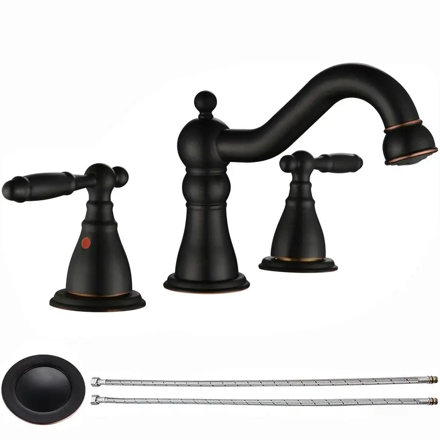 

Bathroom Faucets for Sink 3 Oil Rubber Bronze Hole 8 inch Widespread Bathroom Sink Faucet with Drain Double Lever Handle Faucet