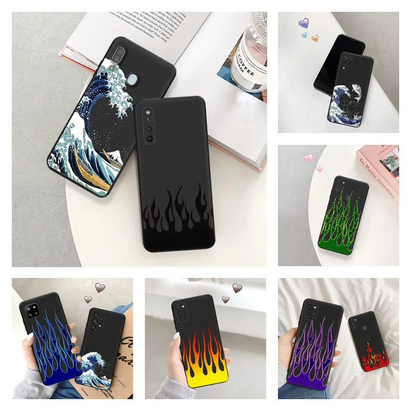 Phone Case for Samsung a24 a20 a21s a22 a23 a25 a11 a12 a13 a14 a15 a10 a30 Blue Yellow Flame Sea wave Soft Black Silicone Cover