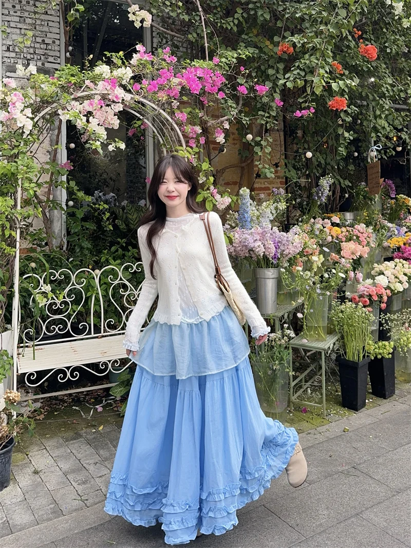 

Kumikumi Summer New Splicing T-shirt Knitted Cardigan Women's High Waist Skirt Long Skirt Three-piece Set Fashion Ensemble