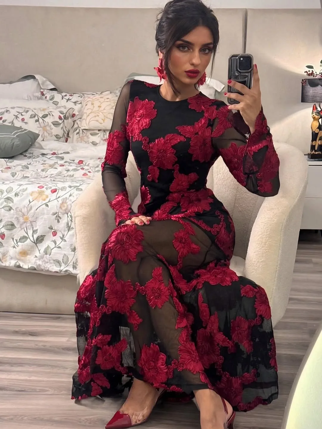 Fmxires موضة المرأة الراقية الجاكار فساتين مطرزة عارية الذراعين مساء حفلة فستان بكم طويل أنثى العصرية جديد 2025 #1