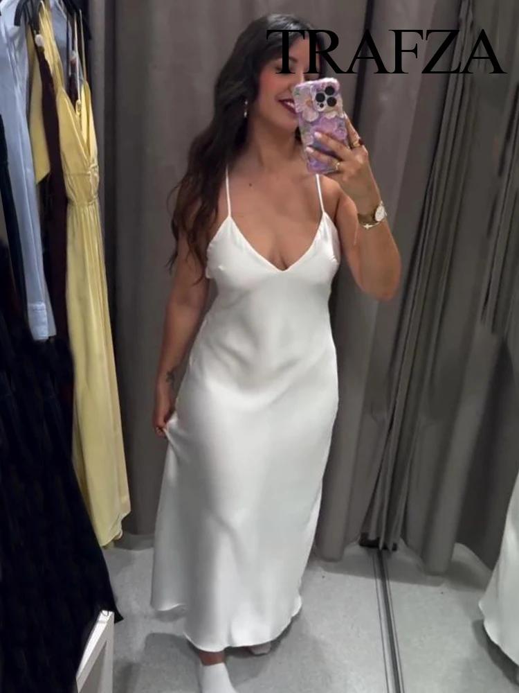 

TRAFZA Women's New Fashion V-neck Silk Satin Textured Sleeveless Midi Dress Female Sexy Elegant Zipper Backless Sling Long Dress