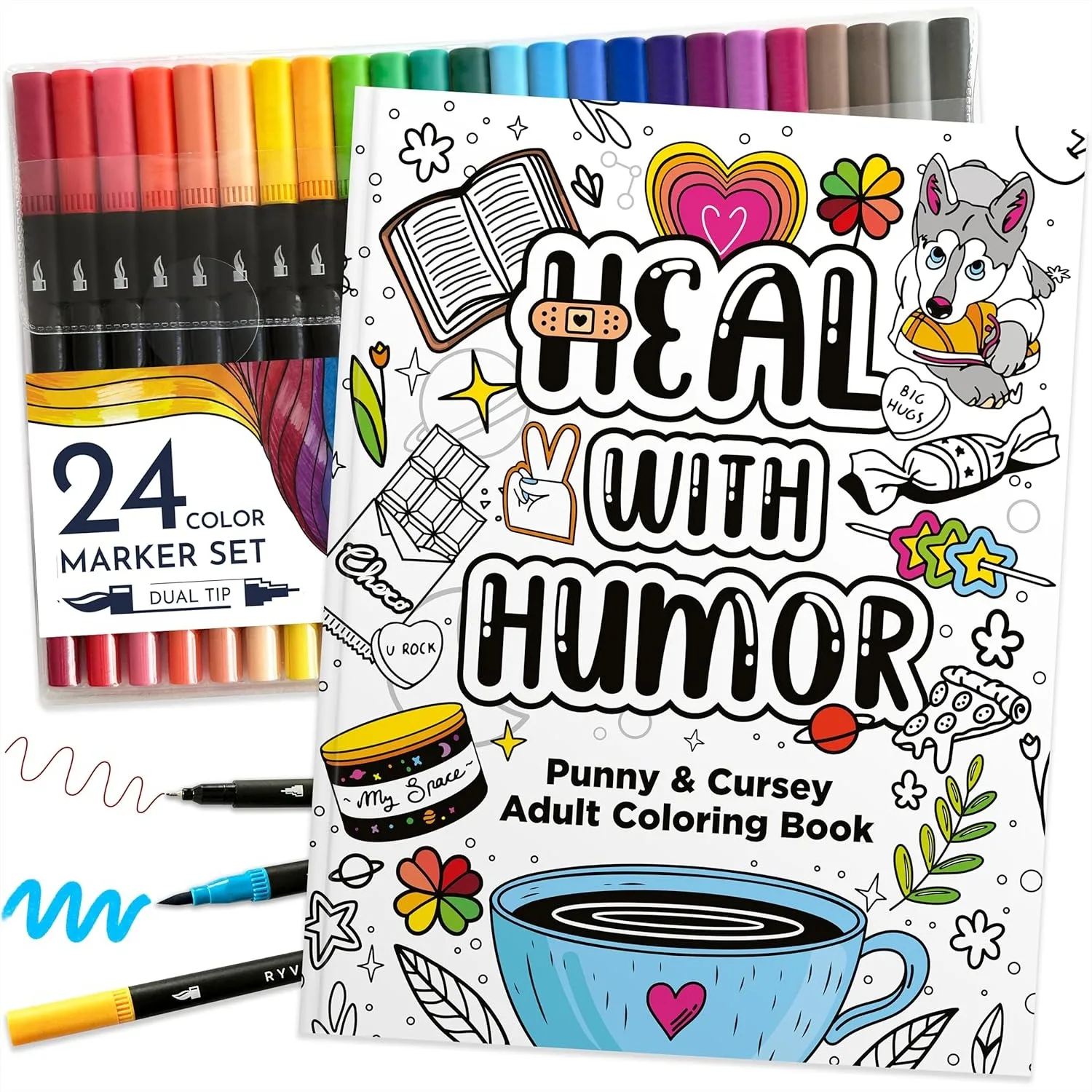 

Набор раскрасок для взрослых с 24 двусторонними маркерами для релаксации, забавные подарки для женщин для ухода за собой, мотивационные слова-надписи