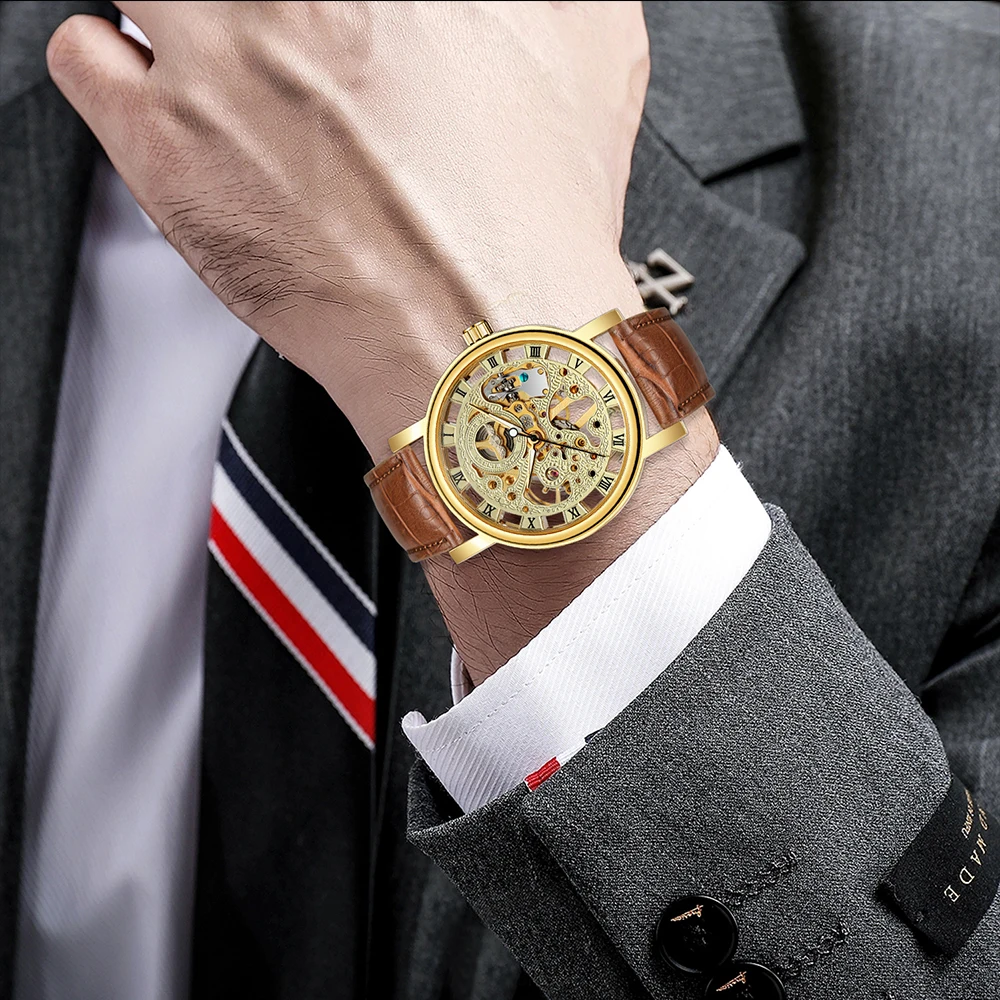 

T-WINNER классические модные мужские полые механические часы со скелетом и гравировкой, римские цифры, светящиеся указатели, кожаный ремешок, мужские часы