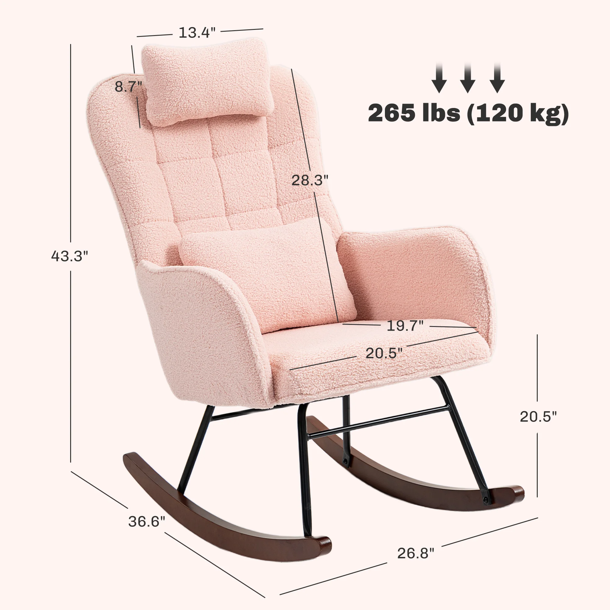 Homcom Boucle Rocking Chair with Headrest and Lumber Pillow Pink