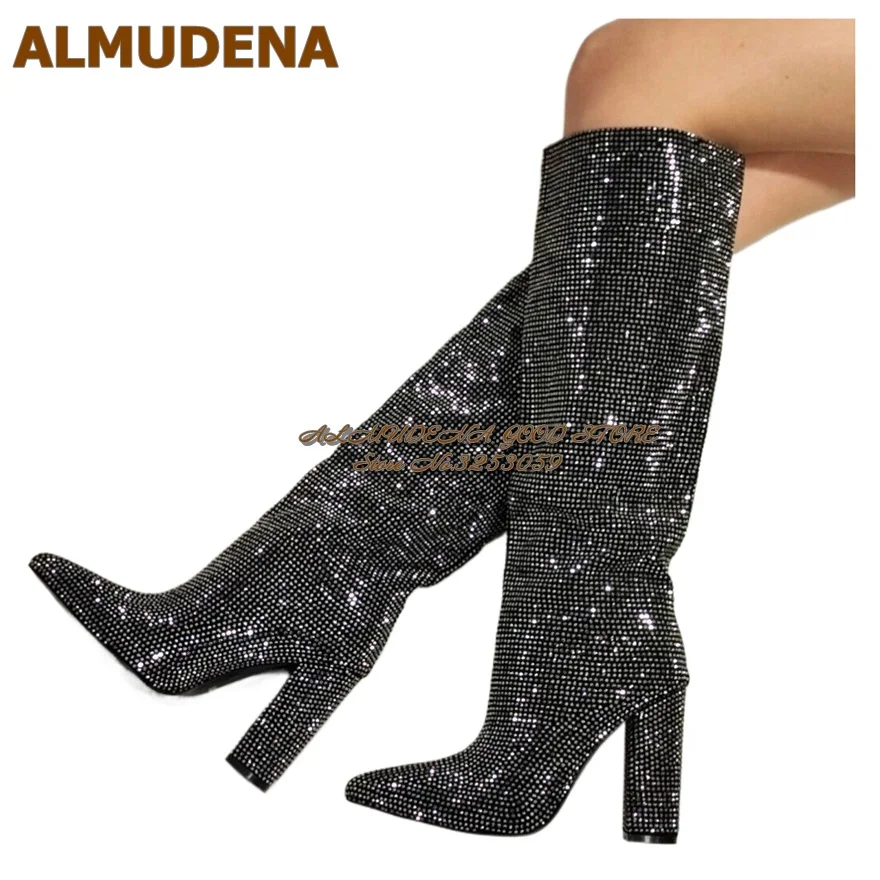 ALMUDENA Black Bling Bling Full Crystal Chunky Heel Knee High Boots Pointed Toe Glittering Rhinestone Pointed Toe Tall Boots