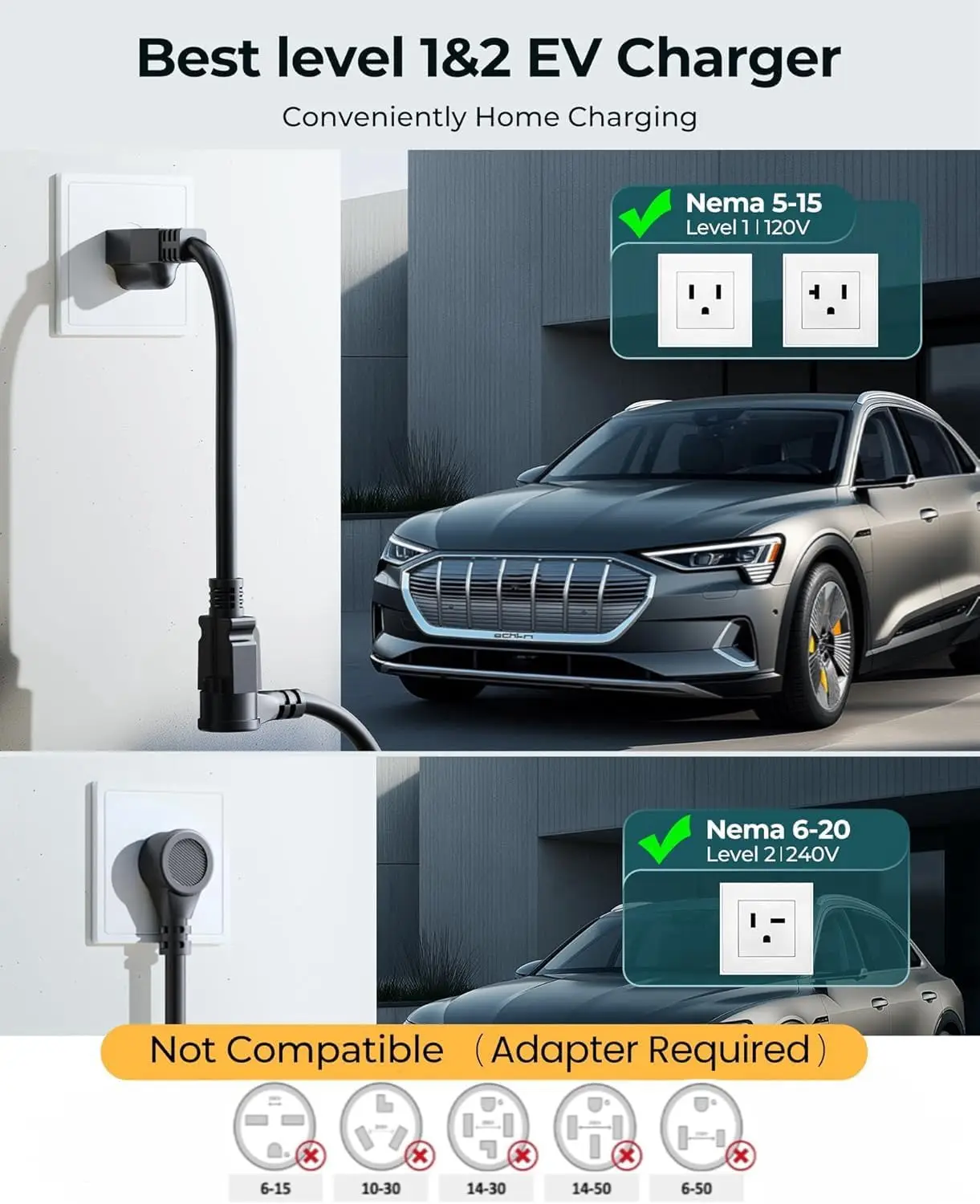 Level 1/2 EV Charger with Adjustable Current, Universal Compatibility for All J1772 EVs, 21ft Cable