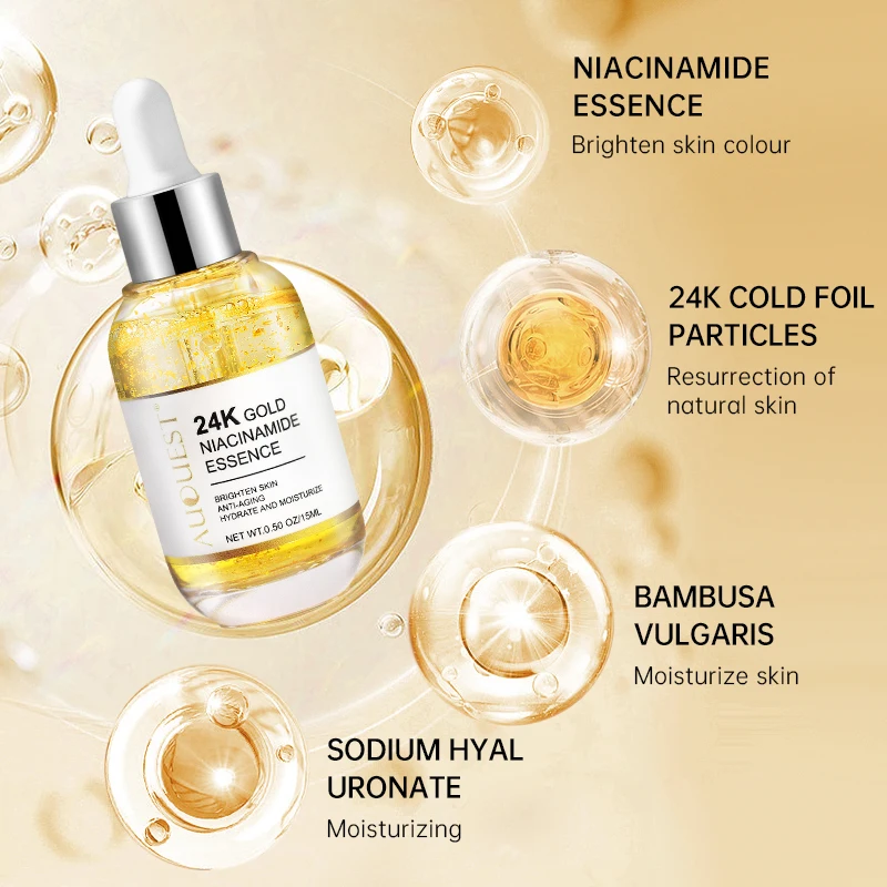 Niacinamide Serum Whitening Dark Spots Remover Essence 24K Gold Hyaluronic Acid Moisturizing Lightening Facial Skin Care