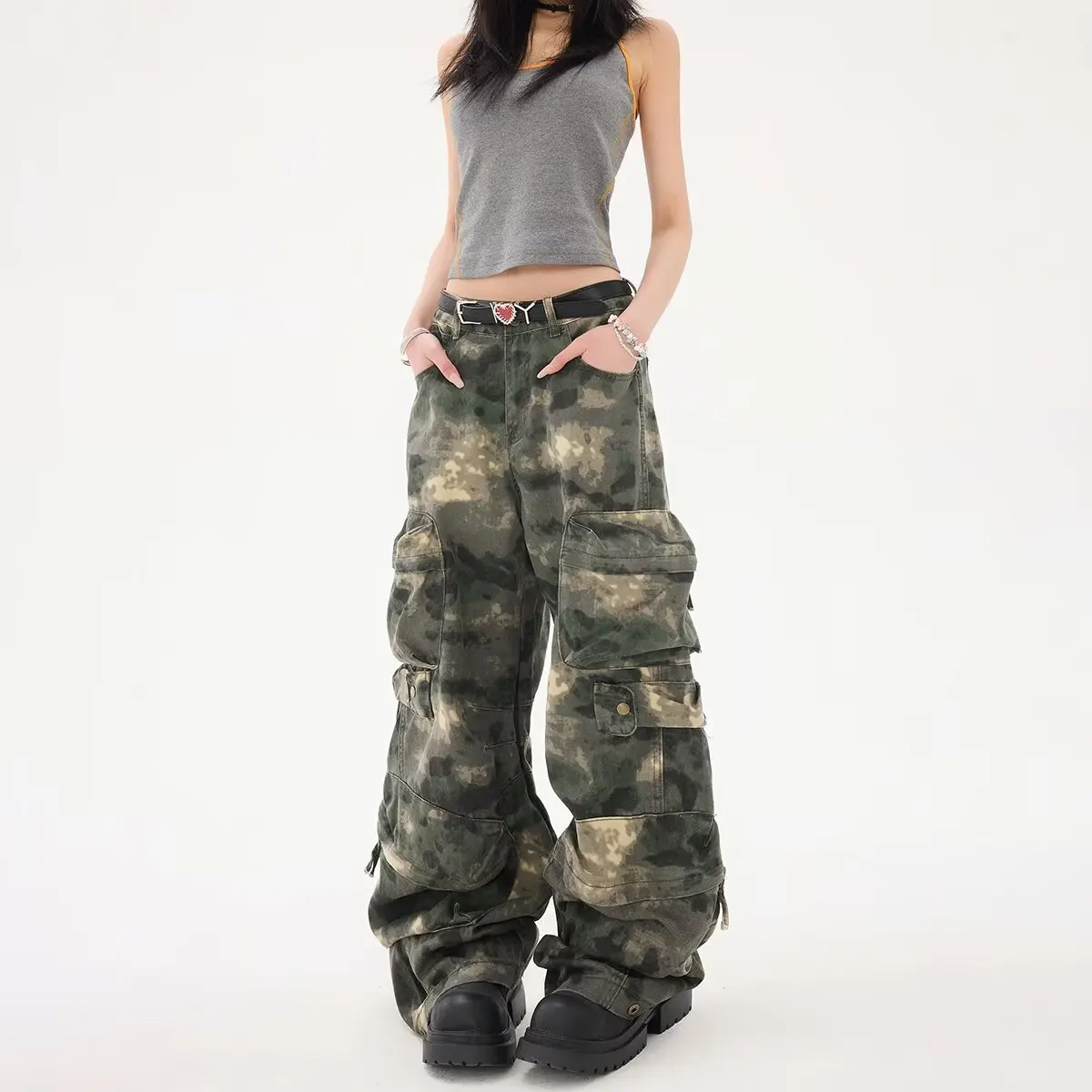 Mulheres y2k camuflagem carga jeans vintage cintura alta hip hop calças de perna larga multi bolsos feminino baggy calças jeans retas
