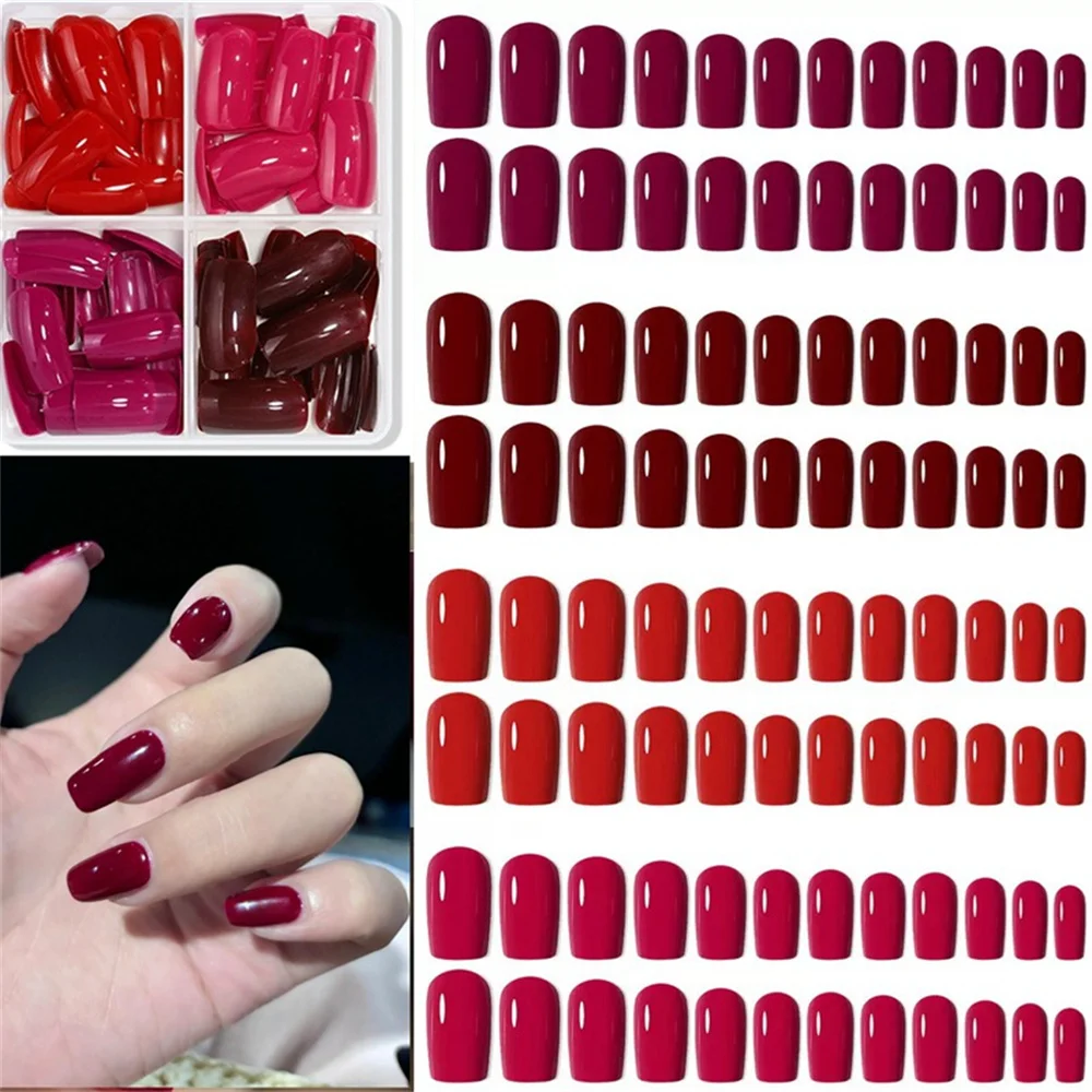 96pcs Solid Red Short Square Gel Fake Nails Glossy Full Cover Purple-red Short Press On Nail Tips Red Nail Extension Accessories