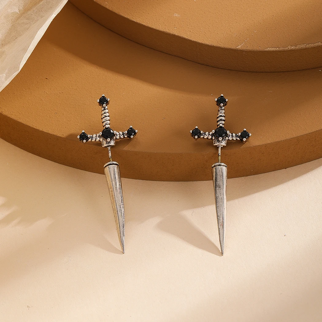 CHENGXUN Punk Retro Sword Dagger Stud Earrings for Women Girls Front Back Earring Studs Gothic Ear Jacket Jewelry Friends Gift