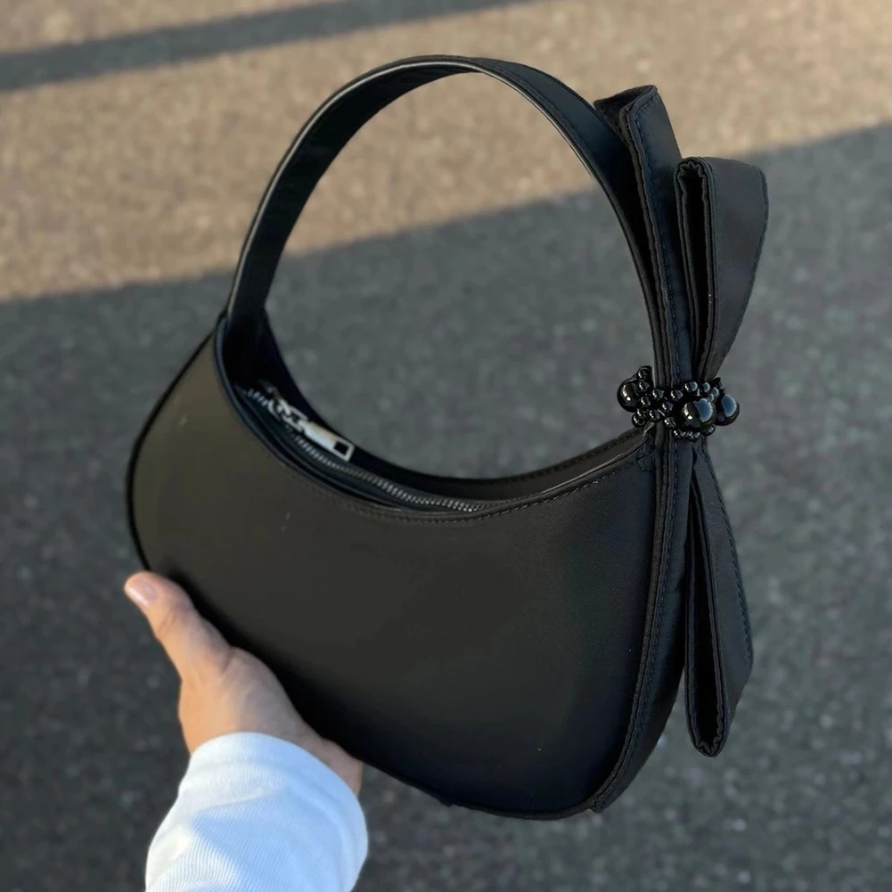 Petit sac à main demi-lune en nylon avec fermeture à glissière pour femmes et filles, sac à bandoulière en forme de croissant, sac boulette, nœud de créateur, mode