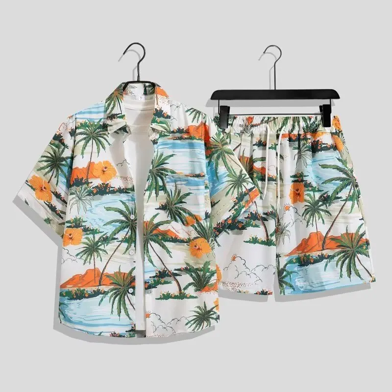 Summer Men's Hawaiian Shirt Set Fashion Loose Casual Handsome Beach Vacation Short Sleeve Flower Shirt Shorts Two Piece Set