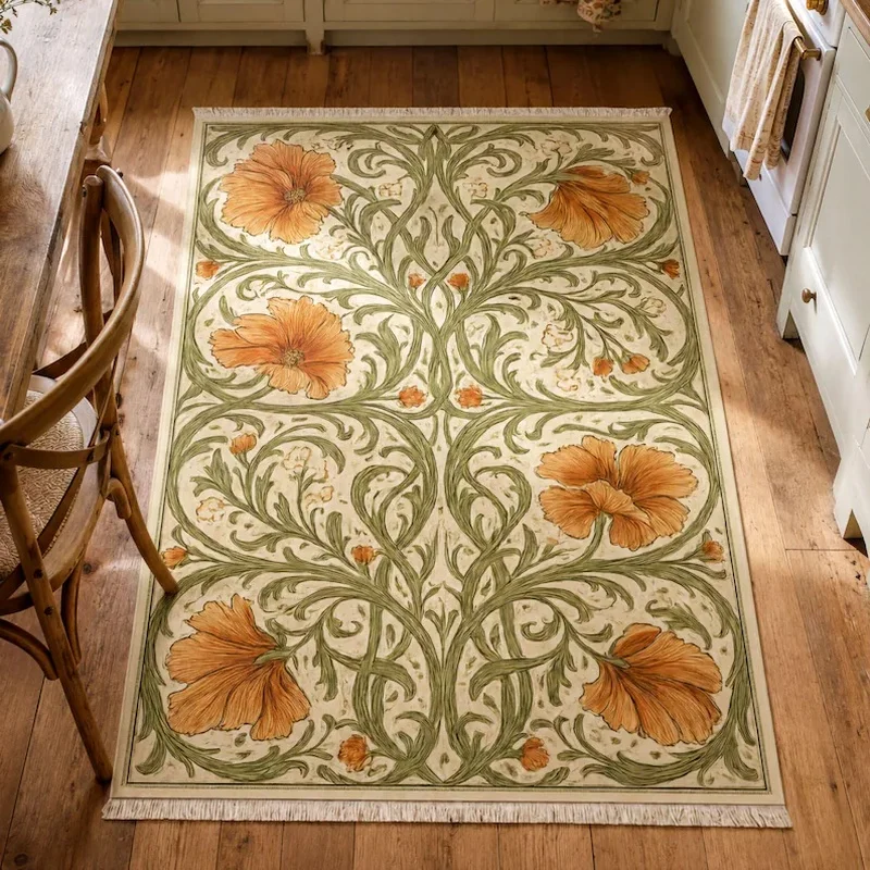 VIKAMA William Morris Rug, Cream Orange Poppy Botanical Floral Vintage Cottage, Washable Non-Slip for Living Room Bedroom