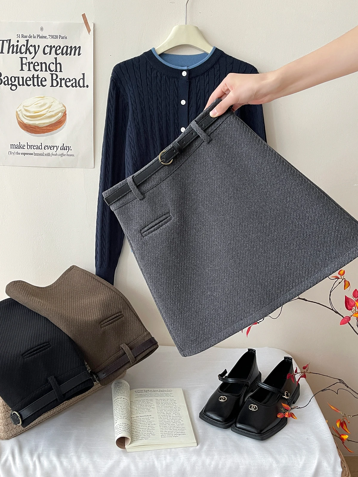 

Твидовая юбка с высокой талией в стиле ретро, женская осенне-зимняя юбка трапециевидной формы с запахом и запахом, корейская ...