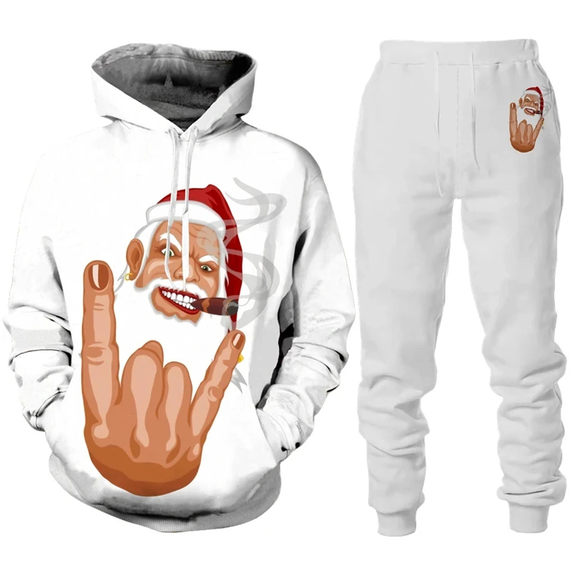 Hoodie Tracksuit Set Christmas Santa Claus 3D Print Man Hoodie  Pants 2pcs Sets New Year Holiday Party Casual Oversized Pullover