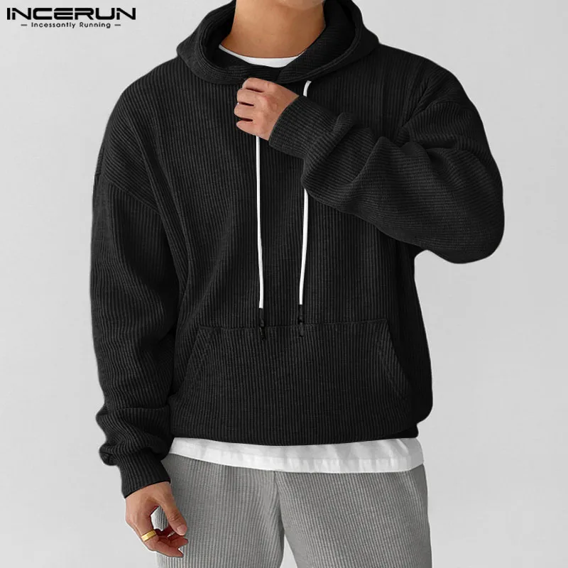 

INCERUN Men Hoodies Solid Hooded Long Sleeve Drawstring Loose Casual Sweatshirts Men Streetwear Autumn 2024 Fashion Pullovers