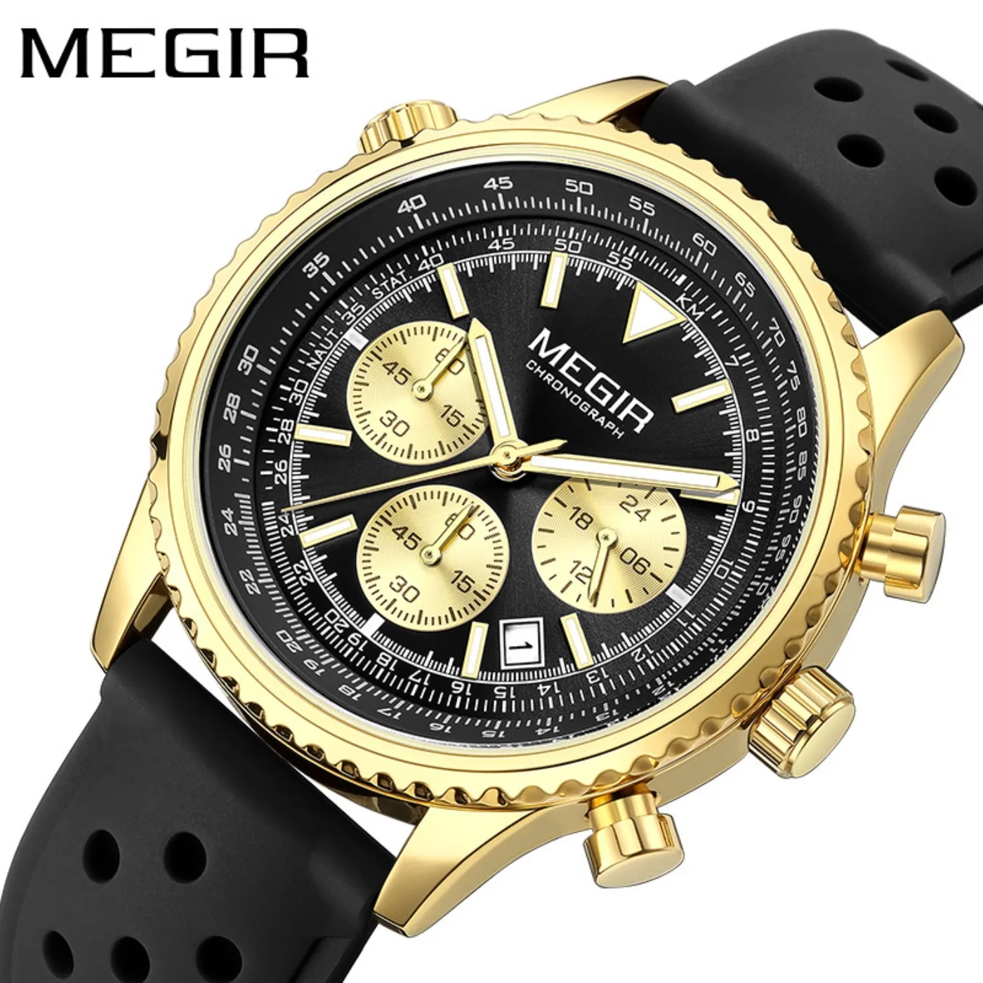 MEGIR Silver Black Quartz Watch Men Military Sport Chronograph Wristwatch with Silicone Strap Luminous Hands Auto Date 2236 view 3