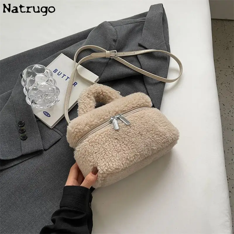 Winter Soft Plush Women\'s Small Shoulder Bag Faux Lamb Wool Ladies Bucket Crossbody Bags Cute Female Phone Pouch Purse Handbags