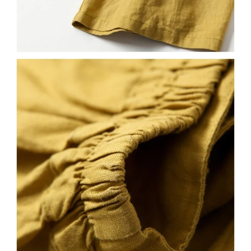 B 2026 Summer Women's Culottes Cotton Linen Cropped Wide Leg Pants Elastic Waist Casual Palazzo Trousers with Pockets