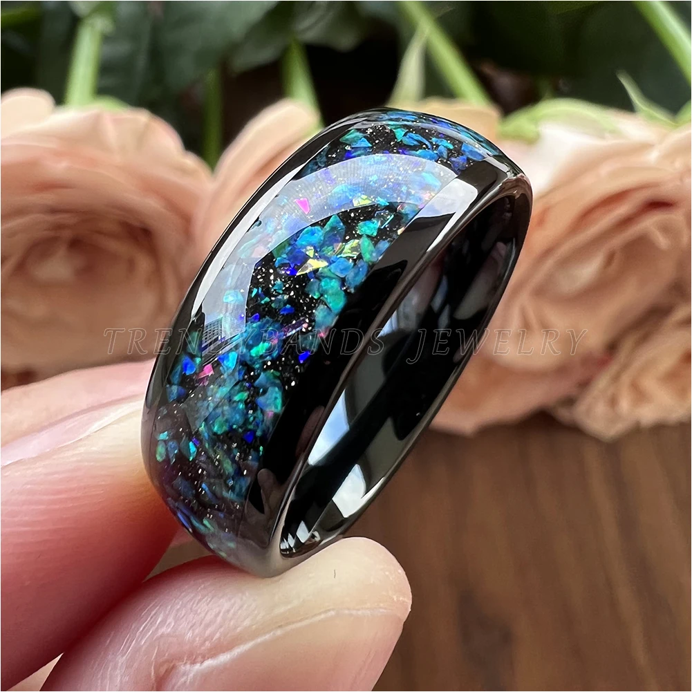 Black 8mm Tungsten Carbide Engagement Rings for Men Women Wedding Band Galaxy Opal Inlay Domed Polished Shiny Comfort Fit