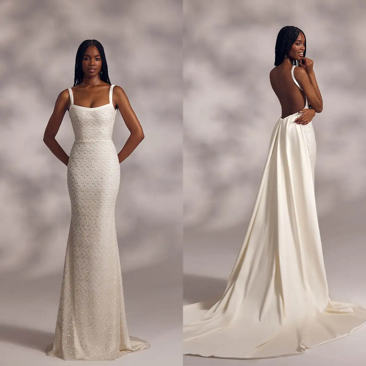 Robe de Mariée de Styliste à Bretelles Spaghetti pour Femme, Vêtement à Paillettes, Dos aux, avec Traîne, sur Mesure