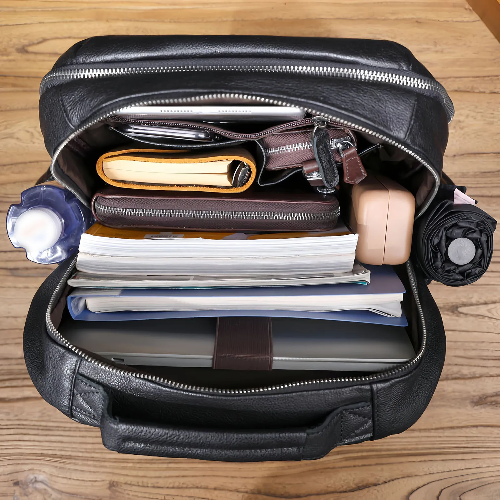 Lässiger Echtleder-Rucksack für Herren, Laptop-Tasche für Männer, Reisetasche aus hochwertigem Rindsleder, modischer Preppy-Stil. – Detail 16