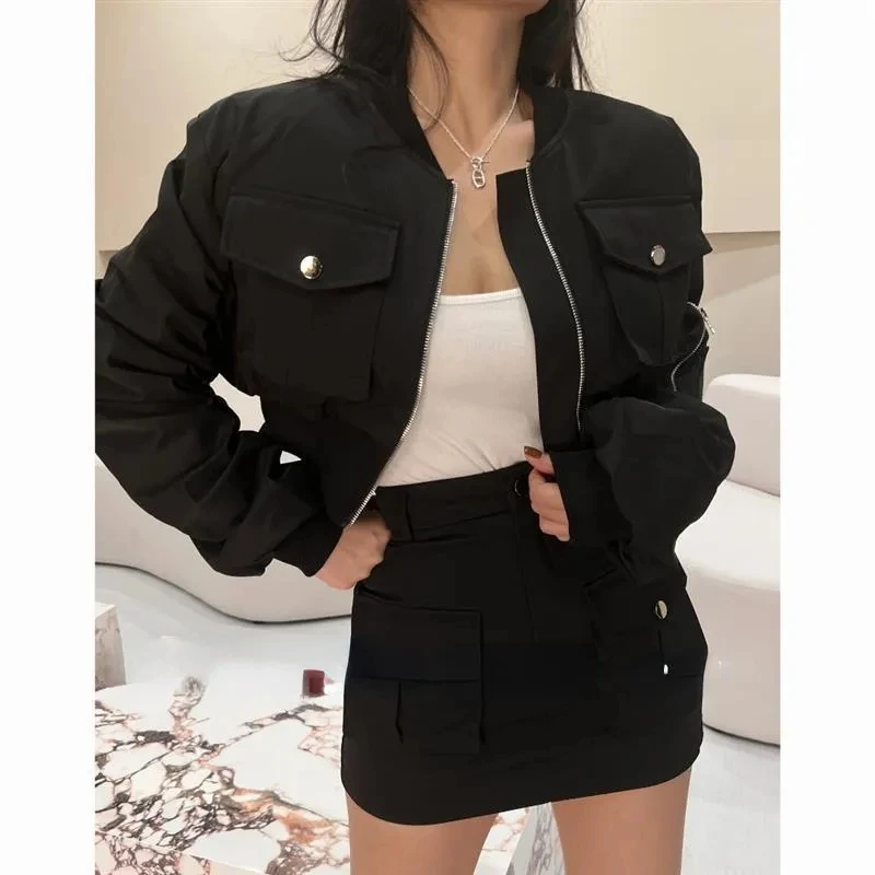 Y2K Cropped Bomber Jackets Women Streetwear Oversized Short Cargo Coat Harajuku Vintage Korean Casual Black Outerwear Tops New