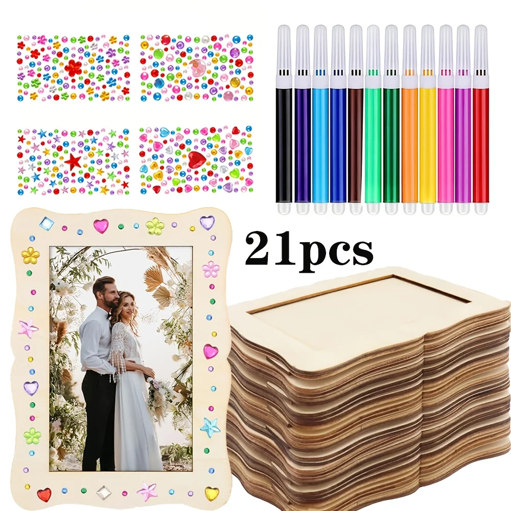 kit-de-pintura-para-molduras-de-fotos-com-21-pecas-inclui-5-molduras-de-madeira-onduladas-inacabadas-12-mini-canetas-de-aquarela-cristais-de-diamante