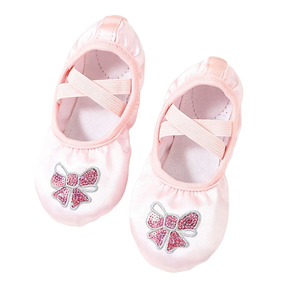 

Child Pink Ballet Shoes Premium Satin Upper Cross Strap Non-slip Soft Sole Girl Gymnastics Dance Shoes With Lovely Embroidery