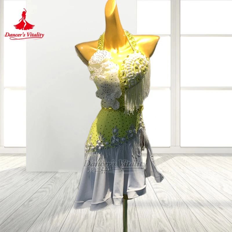 Adult Female Chacha Rumba Samba Two-color Matching Sleeveless Backless Professional Dress Customize Latin Dance Perform Clothing