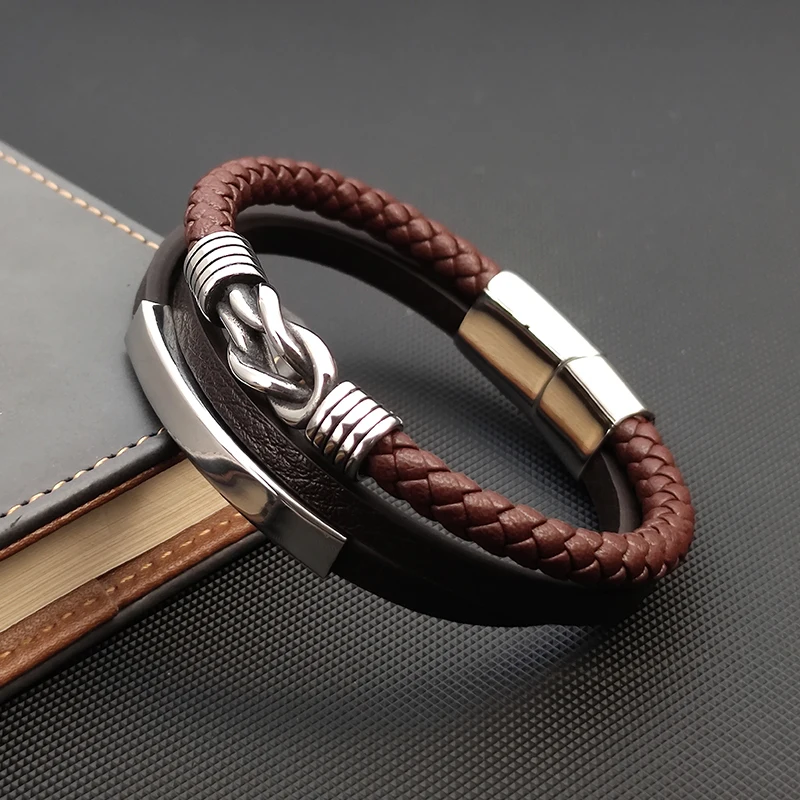 

Classic Men's Brown Multi-layer Leather Bracelet Winding Design Punk Stainless Steel Magnet Clasp Bangle Male Jewelry Gifts