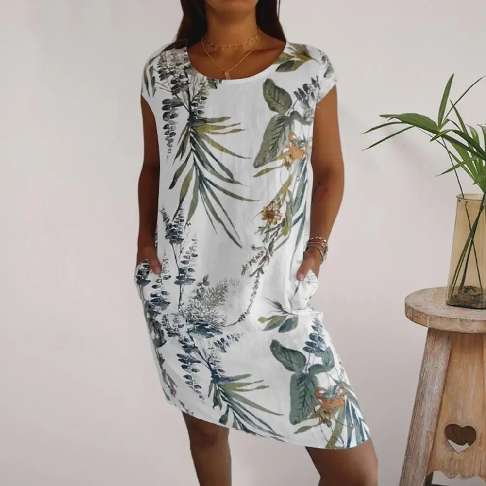 

Women Dress Floral Print O Neck Mini Dress With Side Pockets For Women Summer Beach Short Dress Loose Fit Above Knee Length